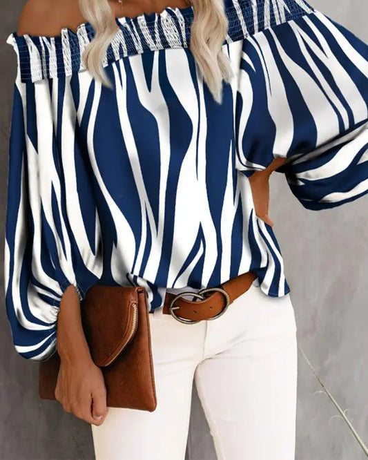 Zebra Stripe Print Off Shoulder Lantern Sleeve Top