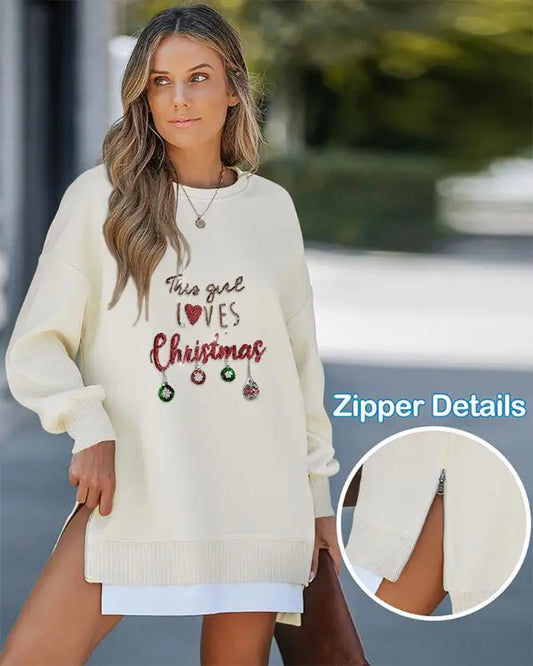 Christmas Rhinestone Wine Glass Pattern Casual Dress Zipper Design Crewneck Long Sleeve Sweatshirt