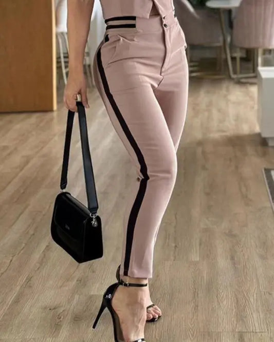 Striped Sleeveless Slim Fit Front Button Vest Set Contrast Binding High-Waisted Cropped Skinny Pants Casual Set