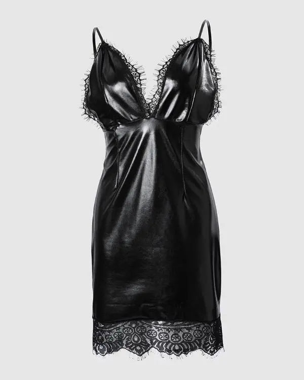 Contrast Lace Spaghetti Strap PU Leather Bodycon Dress