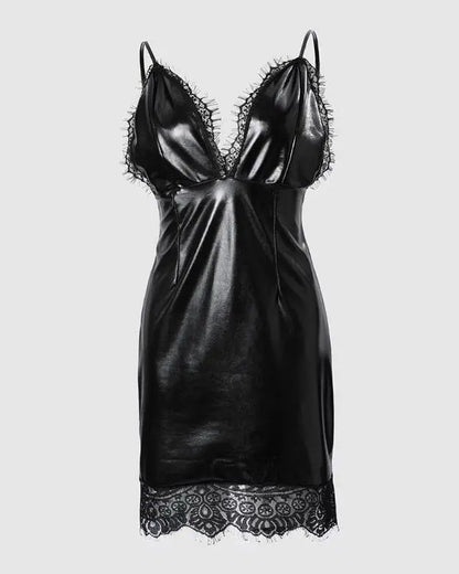 Contrast Lace Spaghetti Strap PU Leather Bodycon Dress