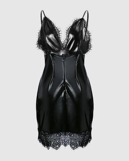 Contrast Lace Spaghetti Strap PU Leather Bodycon Dress
