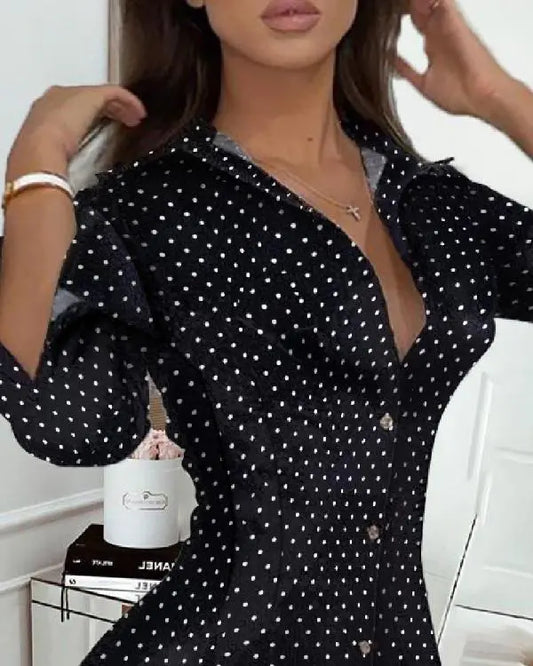 Polkadot Print Button Front Long Sleeve Shirt Dress