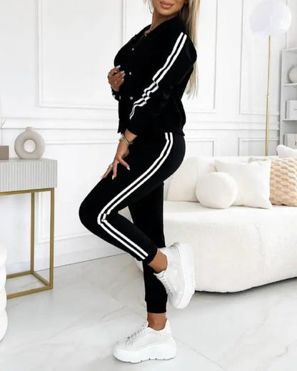 3 Piece Outfits Matching Sets Striped Tape Patch Tank Tops Button Front Jacket Cuffed Pants with Pockets Tracksuit