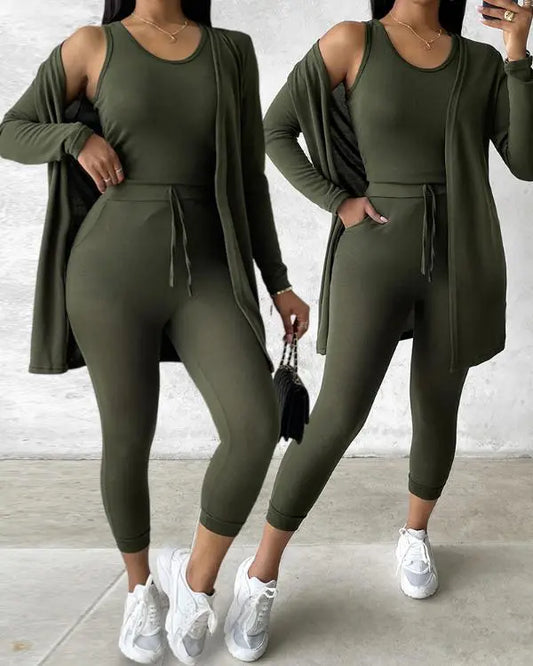 3 Piece Lounge Set Crewneck Sleeveless Tank Top Long Sleeve Open Front Coat Pants Sweatsuit