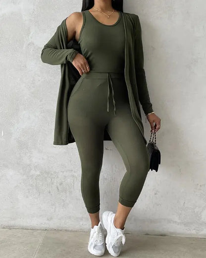 3 Piece Lounge Set Crewneck Sleeveless Tank Top Long Sleeve Open Front Coat Pants Sweatsuit