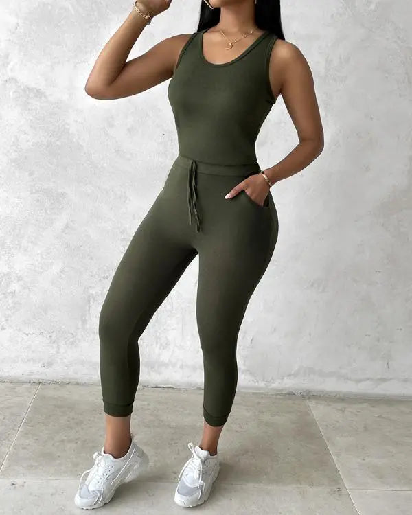 3 Piece Lounge Set Crewneck Sleeveless Tank Top Long Sleeve Open Front Coat Pants Sweatsuit