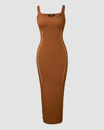 ShapeSculpt Basic Lounge Slip U-Neck Long Dress Elegant Sleeveless Ribbed Bodycon Maxi Dresses