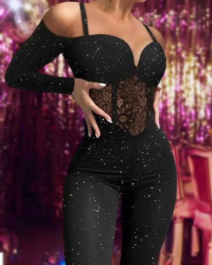 Glitter Cold Shoulder Contrast Lace Corset Jumpsuit