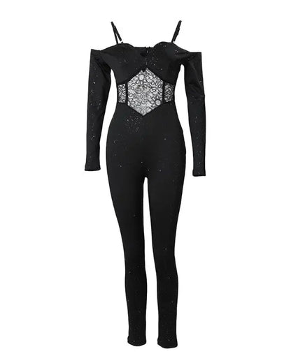 Rhinestone Plunge V Neck Long Sleeve Jumpsuit Slim Fit Waist Rompers