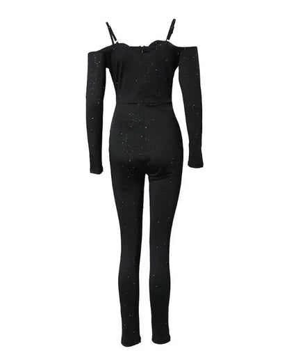 Rhinestone Plunge V Neck Long Sleeve Jumpsuit Slim Fit Waist Rompers