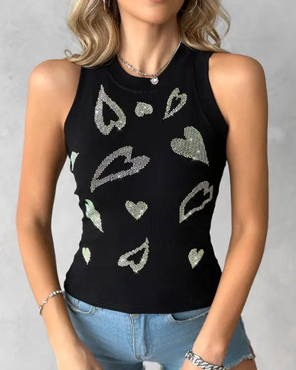 Rhinestone Heart Pattern Tank Top