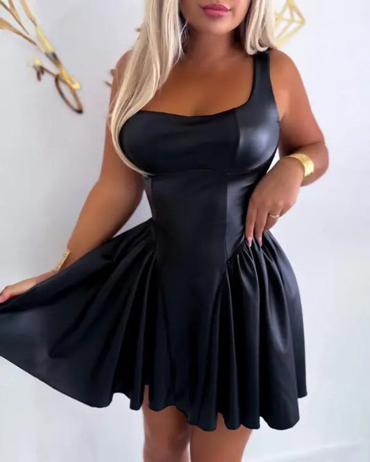 PU Leather U Neck Spaghetti Strap Ruched Mini Dress Tied Detail A Line Dress