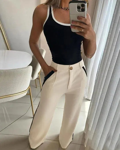 2 Piece Contrast Binding Sleeveless Slim Fit Tank Top and Striped Pants Sets Tracksuits Match Sets