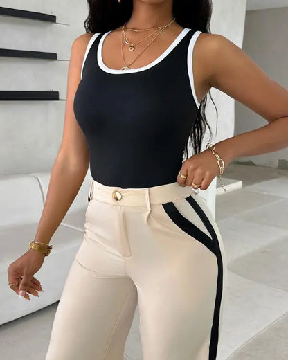 2 Piece Contrast Binding Sleeveless Slim Fit Tank Top and Striped Pants Sets Tracksuits Match Sets