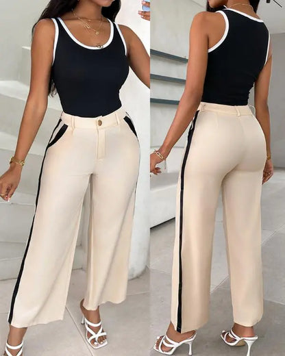 2 Piece Contrast Binding Sleeveless Slim Fit Tank Top and Striped Pants Sets Tracksuits Match Sets