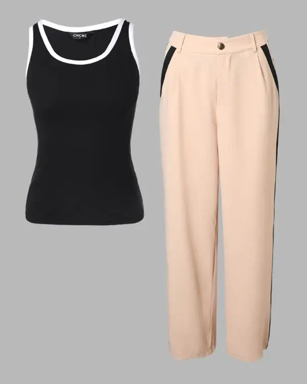 2 Piece Contrast Binding Sleeveless Slim Fit Tank Top and Striped Pants Sets Tracksuits Match Sets