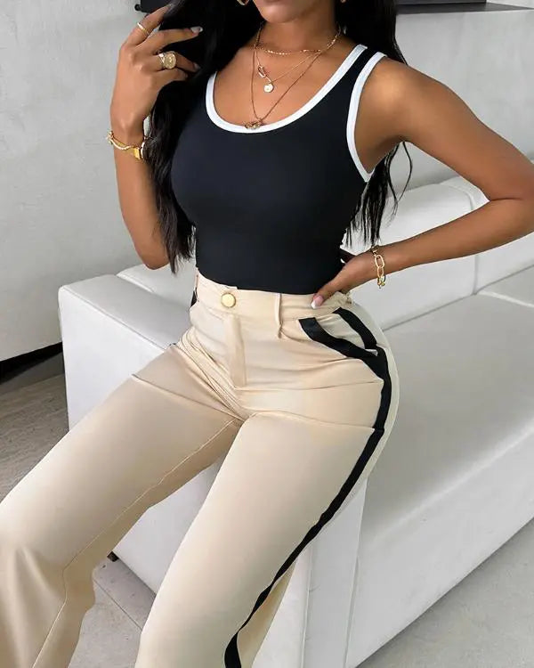 2 Piece Contrast Binding Sleeveless Slim Fit Tank Top and Striped Pants Sets Tracksuits Match Sets