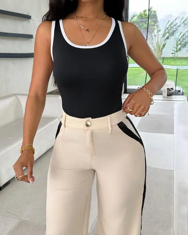 2 Piece Contrast Binding Sleeveless Slim Fit Tank Top and Striped Pants Sets Tracksuits Match Sets