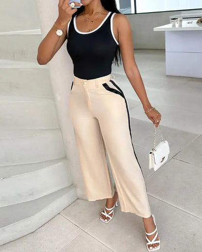 2 Piece Contrast Binding Sleeveless Slim Fit Tank Top and Striped Pants Sets Tracksuits Match Sets