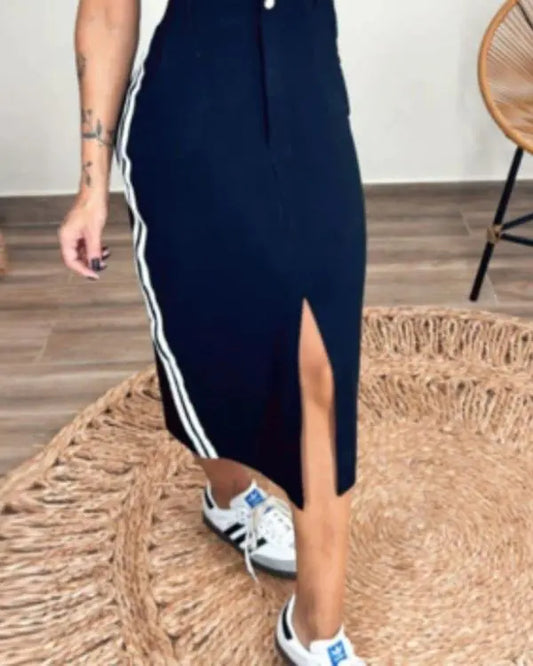Contrast Paneled V-Neck Long Sleeve Button Front Shirt Dress Casual Pocket Design Slit Midi Dress