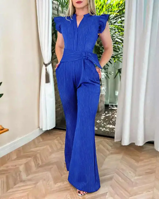 Striped  V Neck Ruffle Flutter Sleeve Flared Jumpsuits Casual Overalls with Belt