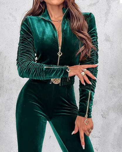 Velvet Zipper Design Ruched Long Sleeve Jumpsuit With Elastic Waistbelt