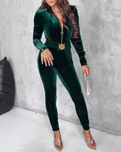 Velvet Zipper Design Ruched Long Sleeve Jumpsuit With Elastic Waistbelt