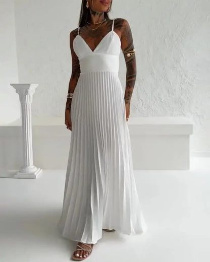 Bandeau Sleeveless Pleated Dress Elegant Flowy A Line Maxi Dress