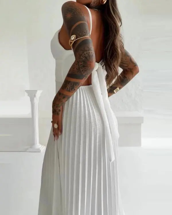 Bandeau Sleeveless Pleated Dress Elegant Flowy A Line Maxi Dress