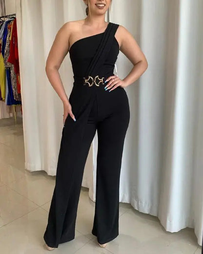 One Shoulder Sleeveless Metal Belt Decor Jumpsuit Casual Wide Leg Rompers