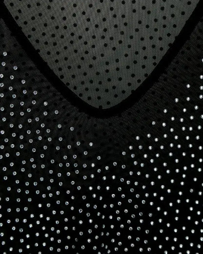 Rhinestone Leopard Print Deep V Neck Long Sleeve Bodycon Dress See Through Sheer Mesh Mini Dress