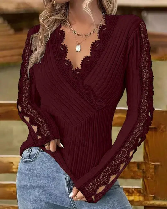 V-Neck Lace Patch Long Sleeve Top Criss Cross Hollow-out Shirt