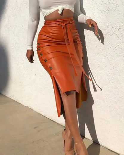 High Waisted Belted PU Leather Pencil Skirt Side Button Split Work Midi Skirt