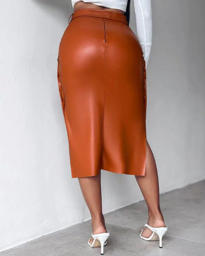 High Waisted Belted PU Leather Pencil Skirt Side Button Split Work Midi Skirt
