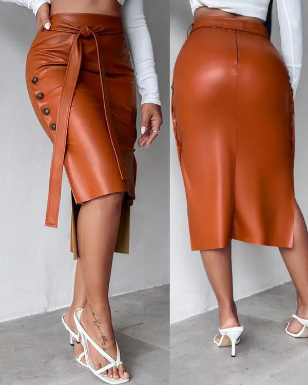 High Waisted Belted PU Leather Pencil Skirt Side Button Split Work Midi Skirt