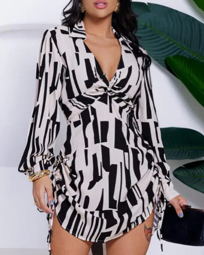 All Over Print Turn-down V-Neck Twisted Side Drawstring Shirt Dress