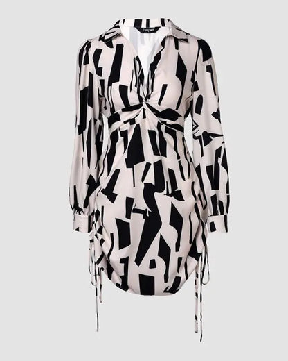 All Over Print Turn-down V-Neck Twisted Side Drawstring Shirt Dress