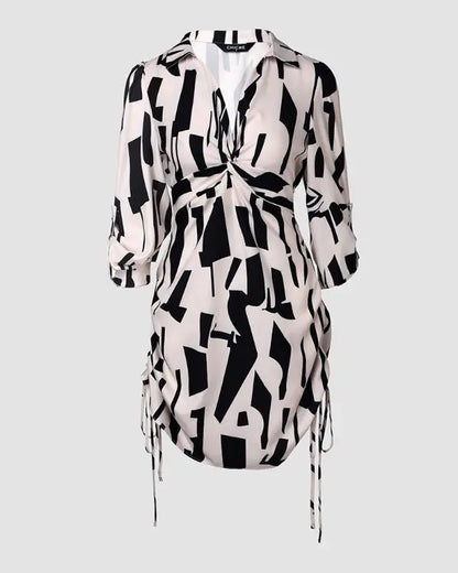 All Over Print Turn-down V-Neck Twisted Side Drawstring Shirt Dress