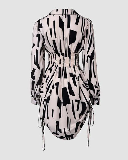 All Over Print Turn-down V-Neck Twisted Side Drawstring Shirt Dress