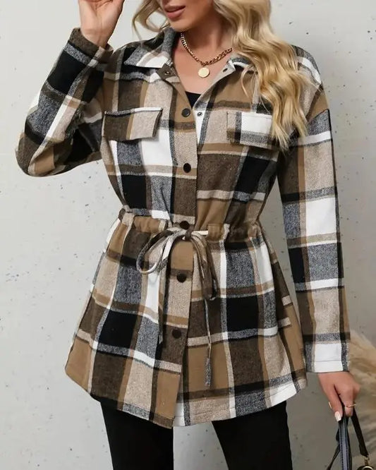 Plaid Pattern Flap Detail Drawstring Waist Button Front Coat