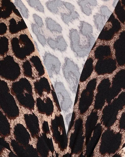 Leopard Print V-Neck Criss Cross Long Sleeve Shirts Casual Top