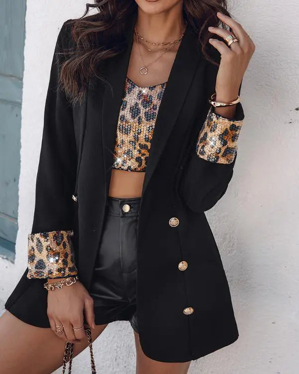 2 Piece Leopard Pattern Shawl Collar Long Sleeve Coat Contrast Sequin Top Work Suit Set