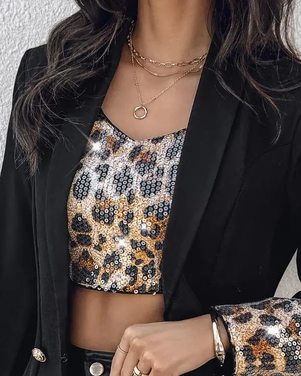 2 Piece Leopard Pattern Shawl Collar Long Sleeve Coat Contrast Sequin Top Work Suit Set