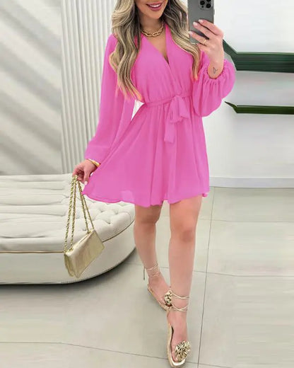 Chiffon V-Neck Long Sleeve Romper Tied Detail Backless Skort Overall