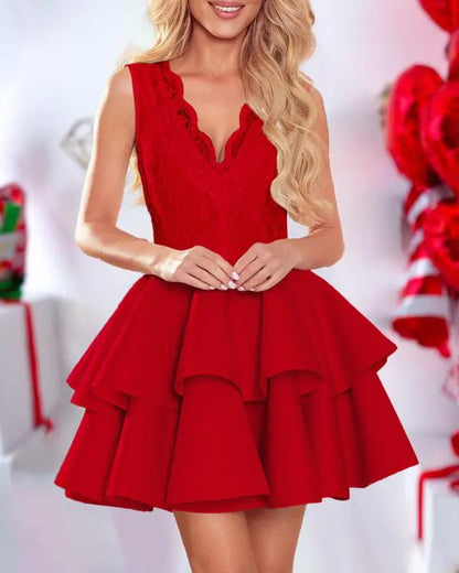 Contrast Lace V-Neck Sleeveless Mini Dress Elegant A Line Waist Layered Dress For Party Evening
