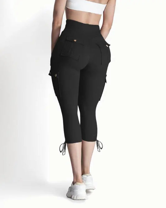 High Waist Pocket Design Drawstring Cargo Workout Pants Casual Slim Fit Yoga  Capri Pants