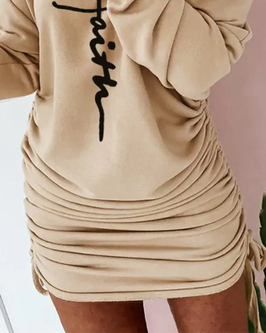 Letter Print Cold Shoulder Drawstring Long Sleeve Dress