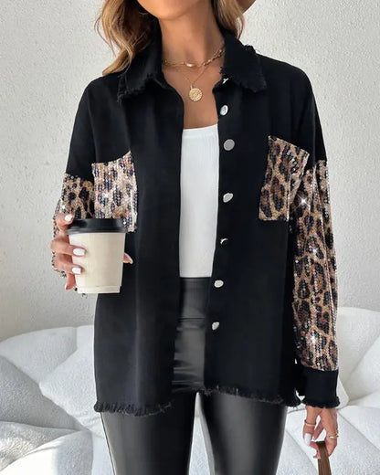 Colorblock Sequin Patchwork Long Sleeve Jacket Top Button Front Raw Hem Shacket