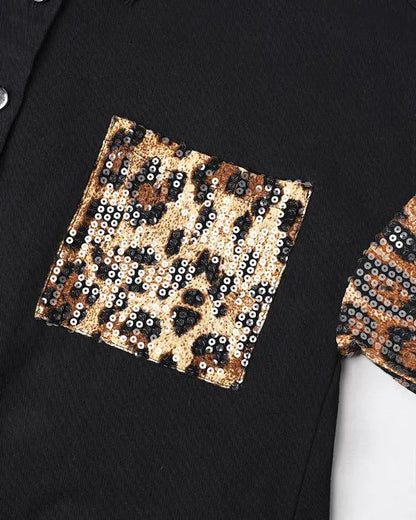 Colorblock Sequin Patchwork Long Sleeve Jacket Top Button Front Raw Hem Shacket
